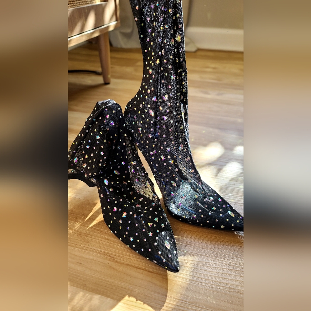 Stiletto rhinestone Bootie In Black a mid calf high shaft - Picture 3 of 7